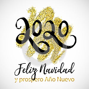 Vector card Merry Christmas and Happy new Year in Spanish language on glitter