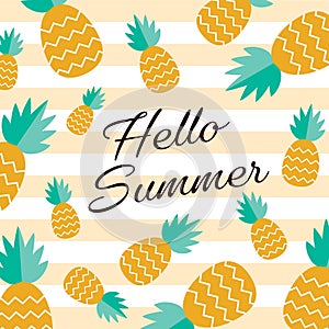 Vector card with pineapple and lettering. Hello summer. Typographic printable banner for summer design. Hand drawing