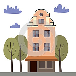 Vector card with pink house and trees on a white background. House on the street.