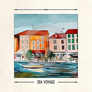 Vector card. Postcard with a seaside town, boat and sea.