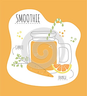 Vector card with a recipe of a tasty smoothie made of carrot and orange.