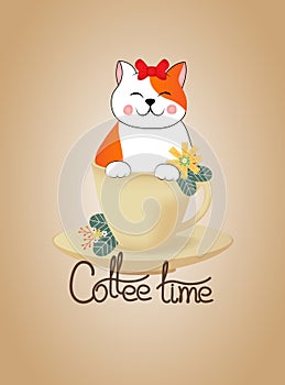 Vector card with red funny cat, sitting in the cup. Lettering - Coffee time