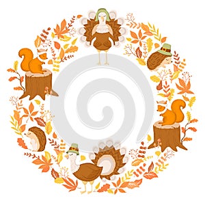Vector card with round frame from hand drawn cute autumn animals hedgehogs, turkeys, squirrels, leaves and branches isolated on