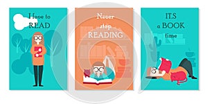 Vector card set with young woman reading book while standing, lying at home and outside and inspirational quotes about