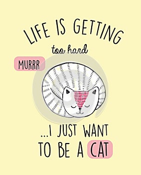 Vector card with sleeping white cat. Cute poster drawn with pen and colored crayons