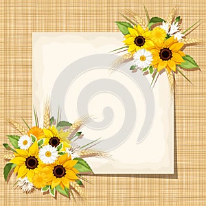 Vector card with sunflowers, daisy and ears of wheat on a sacking background. Eps-10.