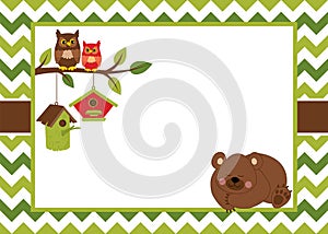 Vector Card Template with a Cartoon Bear, Owls on the Branch, Birdhouses on Chevron Background.