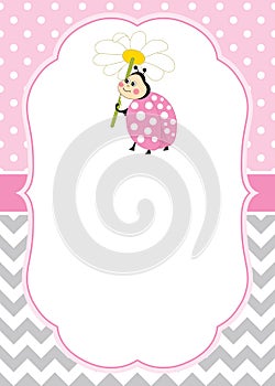 Vector Card Template with a Cute Ladybug on Chevron and Polka Dot Background.