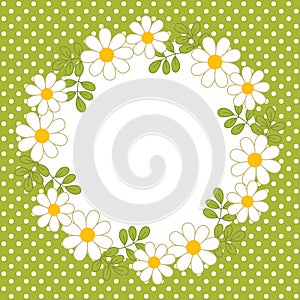 Vector Card Template with a Floral Wreath on Polka Dot Background. Vector Summer Wreath with Daisy.