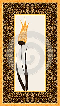 Vector card template with golden frame with arabic ornament and a tulip flower