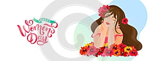 Vector card template for holiday of March 8 International Women`s Day Beautiful woman with flowers text Happy Womens Day