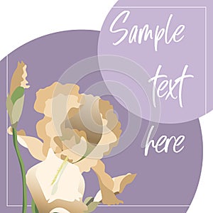 Vector card template with yellow iris flowers and purple circles, copy space included