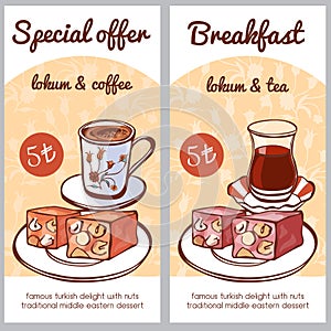 Vector card templates for cafe menu with turkish delight and hot beverages