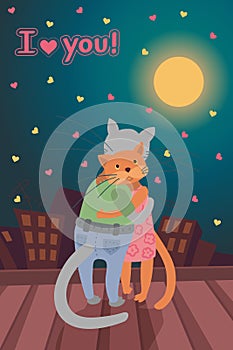 Vector card with Valentine s day concept, two cats on the roof at night