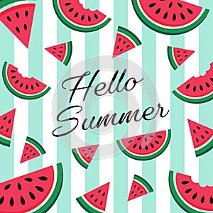 Vector card with watermelon and lettering. Hello summer. Typographic printable banner for summer design. Hand drawing