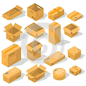 Vector cardboard boxes of various shapes and sizes with emblems of fragility on them