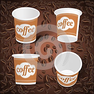 Vector cardboard glass for coffee on the background of coffee beans