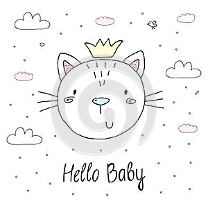 Vector cards for Baby Shower with cute cat. Hello baby