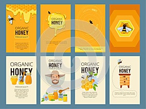 Vector cards with illustrations of apiary. Pictures of honey, beehive and waxing