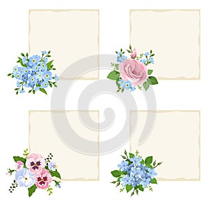 Vector cards with various blue and pink flowers.
