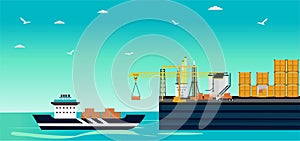 Vector of a cargo ship loading in a city port with cranes on dockside