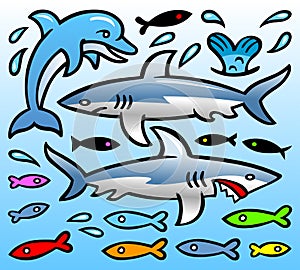 Vector caricature - dolphin, sharks and fish