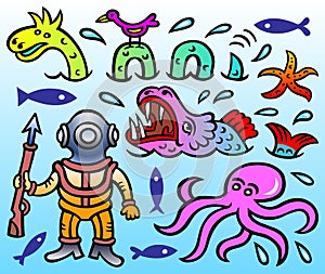 Vector caricature - Loch Ness Monster, starfish, sea monster, scuba diver, octopus and a little bird.