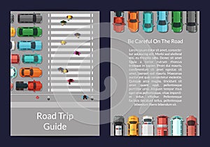 Vector cars on the road with walking people on pedestrian zone top view card