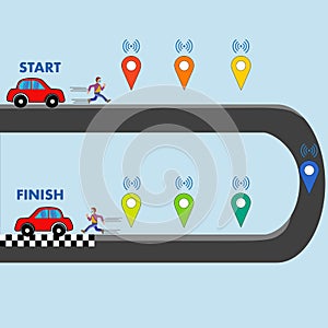 Vector of cars and runing man on a road with geo location signs. Concept of navigation and direction. can be used for workflow la