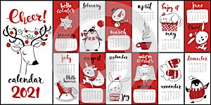Vector cartoon 2021 calendar with Christmas symbols in red color
