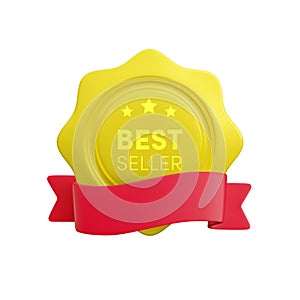 Vector cartoon 3d Best Seller wavy medal with red ribbon realistic icon. Trendy gold business award, premium quality