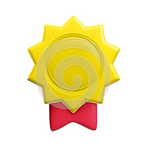 Vector cartoon 3d empty medal with red single ribbon realistic icon. Trendy gold round starburst award, abstract winner