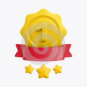 Vector cartoon 3d medal with number one, red ribbon, stars realistic icon. Trendy gold round wavy first place award