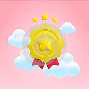 Vector cartoon 3d medal with star, red ribbons and clouds realistic icon. Trendy gold round wavy award, abstract winner