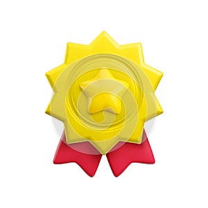 Vector cartoon 3d medal with star and red ribbons realistic icon. Trendy gold round starburst shape award, abstract