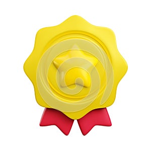 Vector cartoon 3d medal with star and red ribbons realistic icon. Trendy gold round wavy award, abstract winner badge