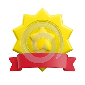 Vector cartoon 3d starburst medal with star and red horizontal ribbon realistic icon. Trendy gold sport or business