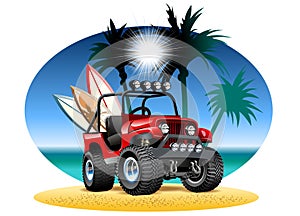 Vector cartoon 4x4 car on beach