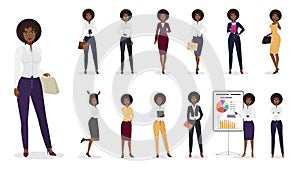Vector Cartoon african american businesswoman female standing in different positions. Woman character set.