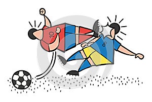 Vector cartoon aggressive soccer player man flying kick to other