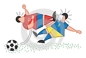 Vector cartoon aggressive soccer player man flying kick to other