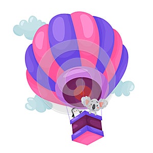 Vector cartoon air balloon illustration with animal in the basket.