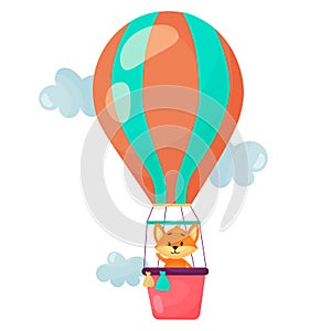 Vector cartoon air balloon illustration with animal in the basket.