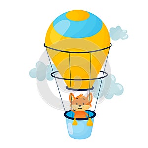 Vector cartoon air balloon illustration with animal in the basket.