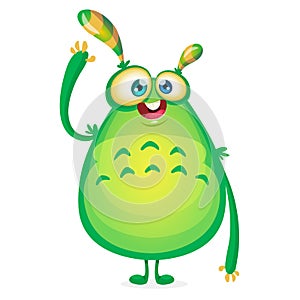 Vector cartoon alien says Hallo. Green slimy alien monster with tentacles. Happy Halloween green monster waving