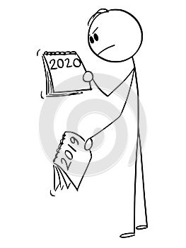 Vector Cartoon of Angry Man or Businessman Looking at Calendar how the Year 2019 is Changing in 2020