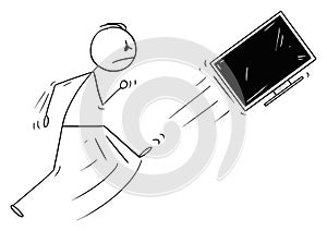 Vector Cartoon of Angry Man Kicking Out the Computer Screen or TV or Television