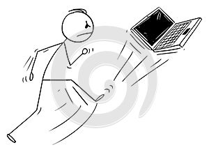 Vector Cartoon of Angry Man Kicking Out the Portable Computer Notebook or Laptop