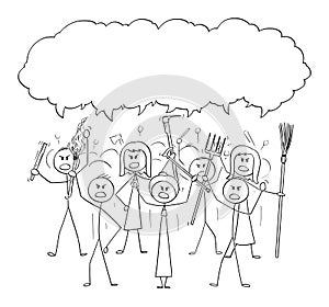 Vector Cartoon of Angry Mob Stick Characters with Tools as Weapons and Empty Speech Bubble