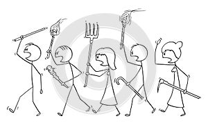 Vector Cartoon of Angry Mob Stick Characters Walking with Tools as Weapons and Empty Speech Bubble